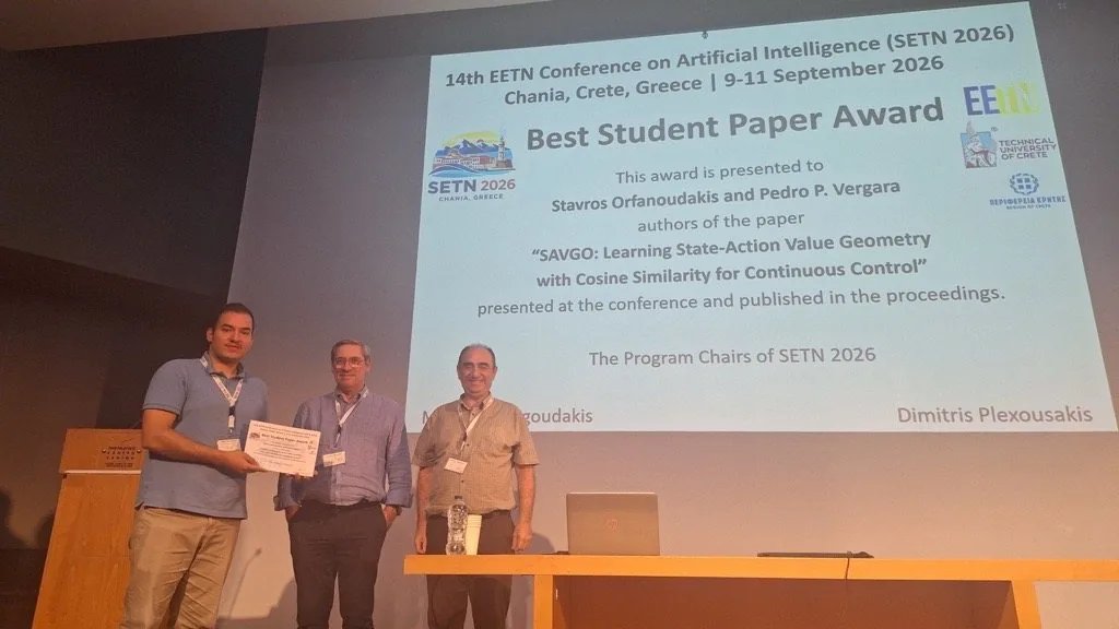 Receiving the Best Student Paper Award on stage at SETN 2026 in Chania, Crete
